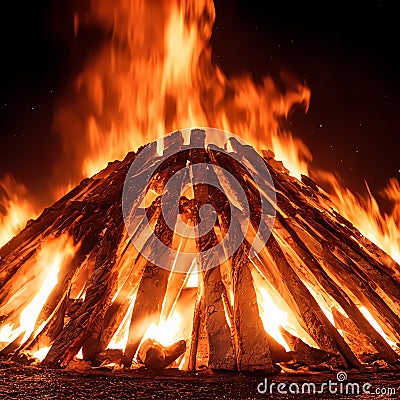 Big bonfire at night in woods pyre Stock Photo