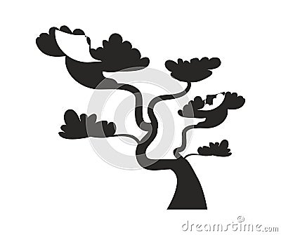 Big Bonsai Tree with Curved Trunk Black Silhouette Vector Illustration