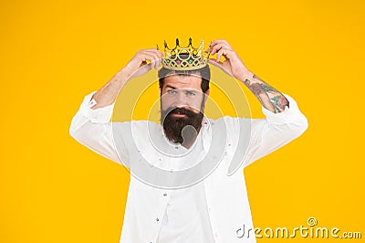 Big boss. Egoist selfish man. Narcissistic person. Superiority complex. Bearded man in white. Love yourself. Holiday Stock Photo