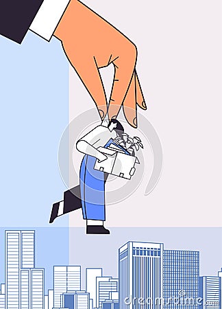 big boss hand holding fired dismissed business woman with things unemployment crisis jobless employee job reduction Vector Illustration