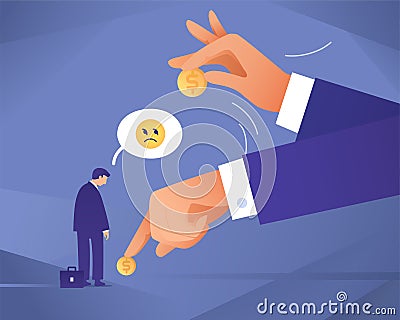 Big Boss takes away money from tiny employee. Employer is underpaying, Reduces pay or Cuts salary. Wage reduction Vector Illustration