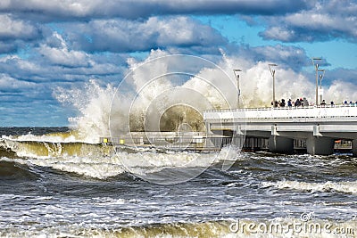 Big waves in a storm on the coast of the Baltic sea Editorial Stock Photo