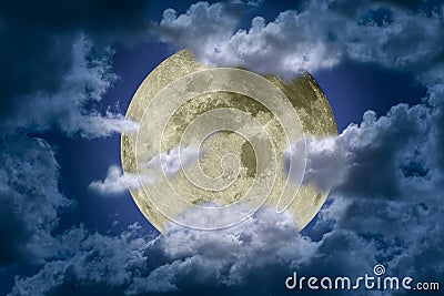 Big bright and shining full moon somewhat hidden behind clouds against a dark night sky. Fantasy illustration. Cartoon Illustration