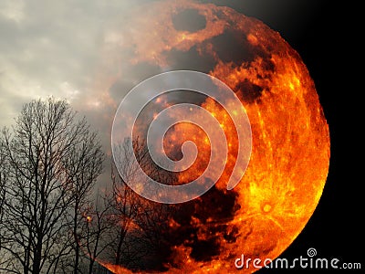 Big bright yellow burning planet on cloudy black sky appearing behind forest silhouettes. Full moon coming to the Earth. Cartoon Illustration