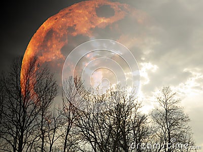 Big bright yellow burning planet on cloudy black sky appearing behind forest silhouettes and grey clouds. Cartoon Illustration