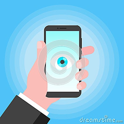 Big brother concept. Hand holding smart phone spying with big eye on the screen Vector Illustration