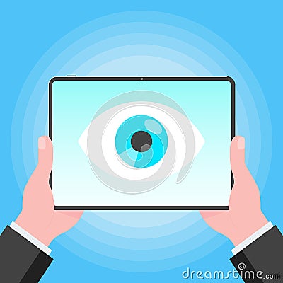 Big brother concept. Hands holding stablet pc spying with big eye on the screen isolated on light blue background Vector Illustration