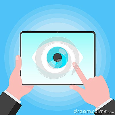 Big brother concept. Hands holding stablet pc spying with big eye on the screen isolated on light blue background Vector Illustration