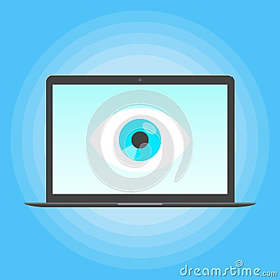Big brother concept. Laptop spying with big eye on the screen of notebook Vector Illustration