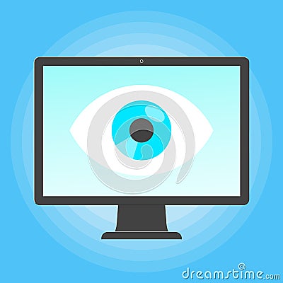 Big brother concept. Smart phone spying with big eye on the screen of PC monitor Vector Illustration