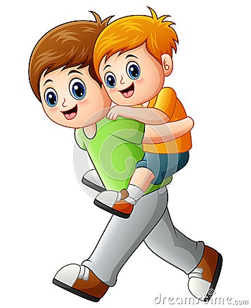 Big brother doing piggyback ride younger brother Vector Illustration