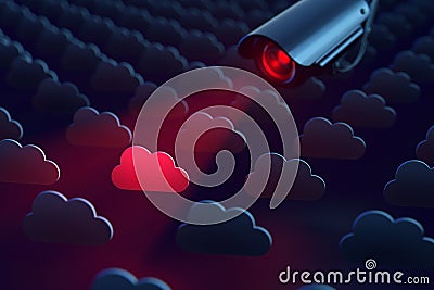 Big Brother is watching: a camera scans cloud storage ignoring the privacy. Privacy and security endangered concept. 3D rendering Stock Photo