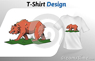 Big brown bear walking on grass t-shirt print. Mock up t-shirt design template. Vector template, isolated on white Vector Illustration