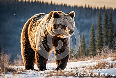Big brown bear walking in the winter forest Stock Photo