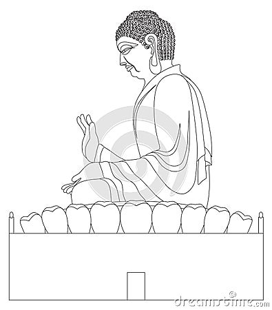 Big Buddha Sitting Statue Black and White Line Art Illustration Vector Illustration