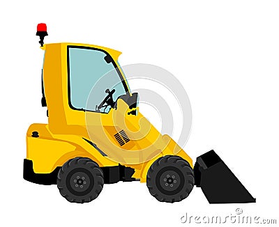 Big bulldozer loader vector isolated on white background. Dusty digger illustration. Excavator dozer for land. Under construction. Cartoon Illustration