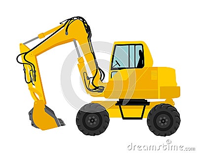 Big bulldozer loader vector isolated on white background. Dusty digger illustration. Excavator dozer for land. Under construction. Vector Illustration