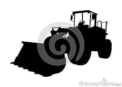 Big bulldozer loader vector silhouette isolated on white background. Dusty digger silhouette illustration. Excavator dozer. Cartoon Illustration