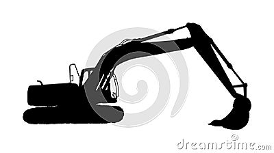 Big bulldozer loader vector silhouette isolated on white background. Dusty digger silhouette illustration. Excavator dozer. Vector Illustration