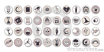 Big bunch of boho hand drawn icons, stylish. Modern cute witch logo, magic signs, mystical symbols for woman account Vector Illustration