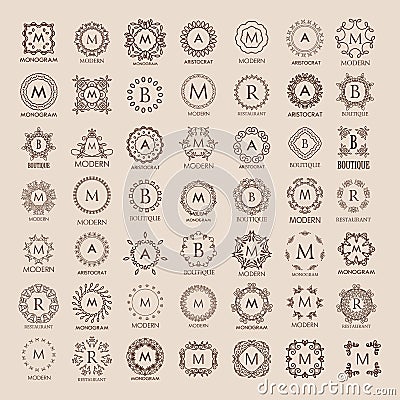 Big bunch of luxury, simple and elegant monogram design templates. Vector Illustration