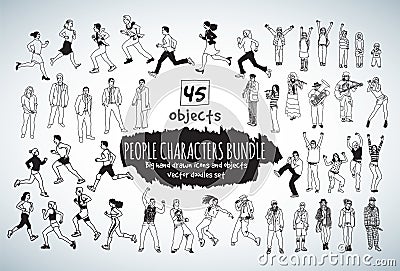 Big bundle people characters doodles black and white icons. Cartoon Illustration