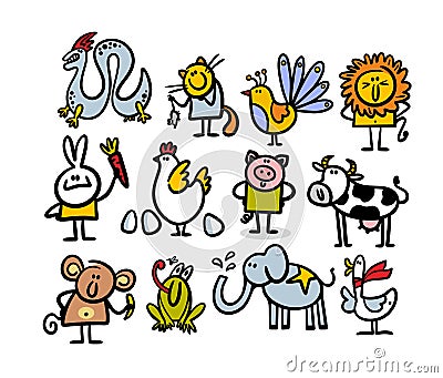 Big bundle set of cartoon cute wild animals and pets. Vector Illustration