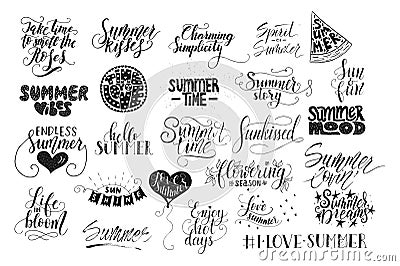 Big bundle of 25 vector hand drawn summer quotes. Handwritten with ink and brush pen. Vector Illustration