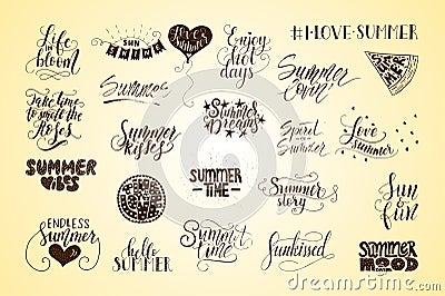 Big bundle of 23 vector hand drawn summer quotes. Handwritten with ink and brush pen. Vector Illustration