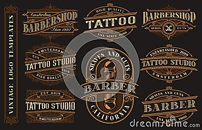 Big bundle of vintage logo templates for the tattoo studio and barbershop Vector Illustration