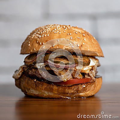 Big burger with grilled meat and vegetables on blurred background. Classic American food. Junk food concept. Homemade Stock Photo