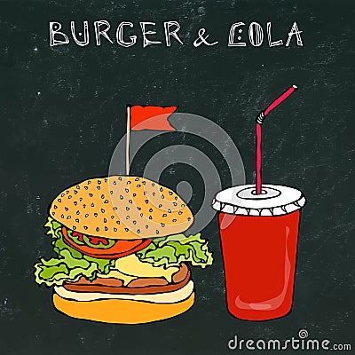 Big Burger, Hamburger or Cheeseburger and Soft Drink Soda or Cola. Fast food takeout icon. Takeaway food sign. Realistic Vector Illustration