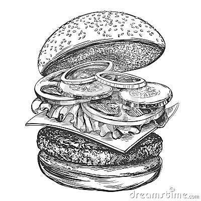 Big burger, hamburger hand drawn vector illustration realistic sketch Vector Illustration