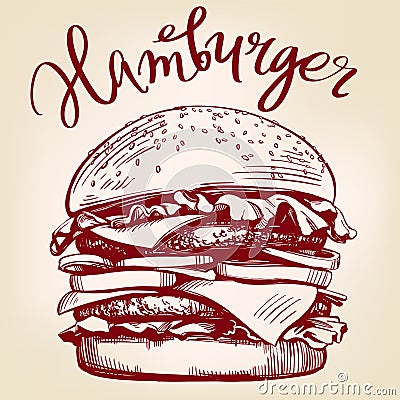 Big burger, hamburger hand drawn vector illustration sketch retro style Vector Illustration