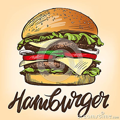 Big burger, hamburger hand drawn vector illustration sketch retro style Vector Illustration