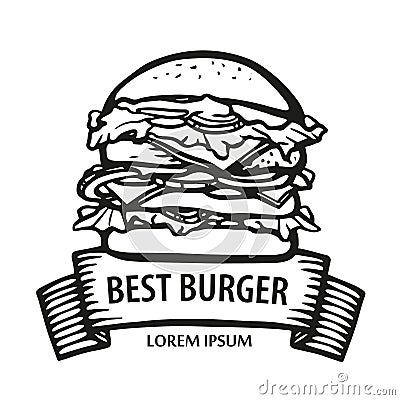 Big burger logo with ribbon. Hand-drawn burger hot dish. delicious sandwich line vector stock illustration. concept for Vector Illustration