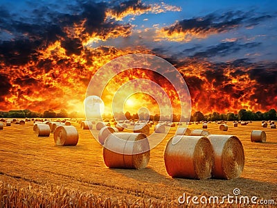 the big burning sunset over farm field with hay bales, AI generated Stock Photo