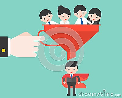 Big business hand holding funnel for filter best Businessman, re Vector Illustration