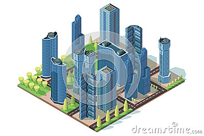 Big business quarter with streets, alley, skyscrapers and helipad. Cartoon Illustration