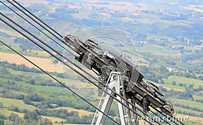 Big cables and pulleys with Gears of the mountain cable car Stock Photo