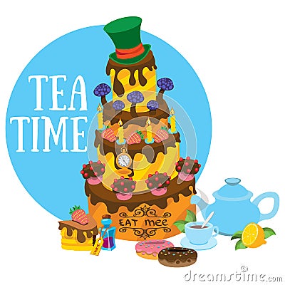 Big cake and pastries. Tea party. Refreshments. Illustration to the fairy tale Alice`s Adventures in Wonderland Vector Illustration