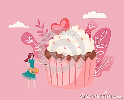 Big cake and tiny girl decorating giant cupcake cartoon vector illustration of sweet food, celebration of birthday or Vector Illustration