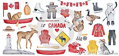 Big Canada Set with various symbols like national flag, maple syrup bottle, lighthouse, hockey skates. Stock Photo