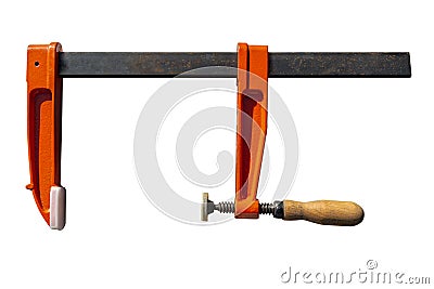 Big carpentry clamp with a wooden grip, on a white background with a clipping path. Stock Photo
