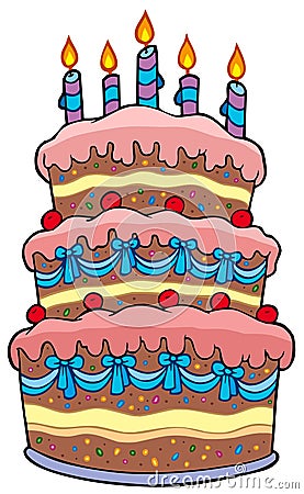 Big cartoon cake with candles Vector Illustration