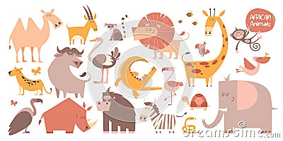 Big cartoon set of funny African animals Vector Illustration