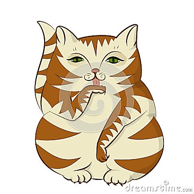 A big cat washes. Funny and cute character kitty. Vector Illustration