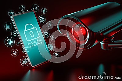 Big CCTV focusing on a smartphone and icons hovering around it as a metaphor of data leakage and ways to protect it. 3D rendering Stock Photo