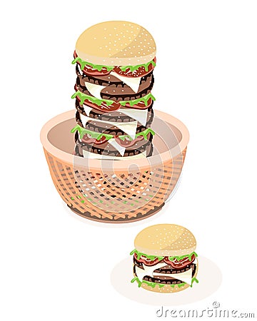 Big Cheese Burger in A Brown Basket Vector Illustration