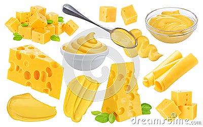 Big cheese collection. Different pieces of cheese, cheese sauce isolated on white background Stock Photo